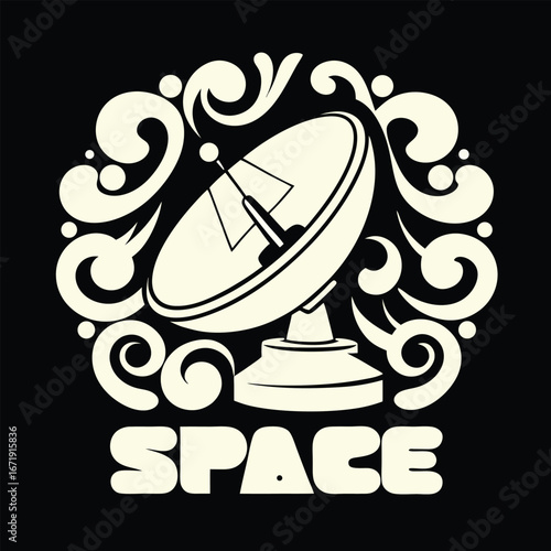 Retro Space Age Design with Satellite and Swirls Astronomy Themed T Shirt Graphic