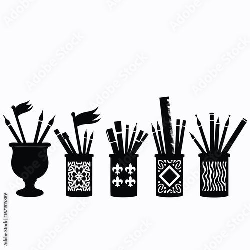 Black silhouette of art supplies in decorative holders
