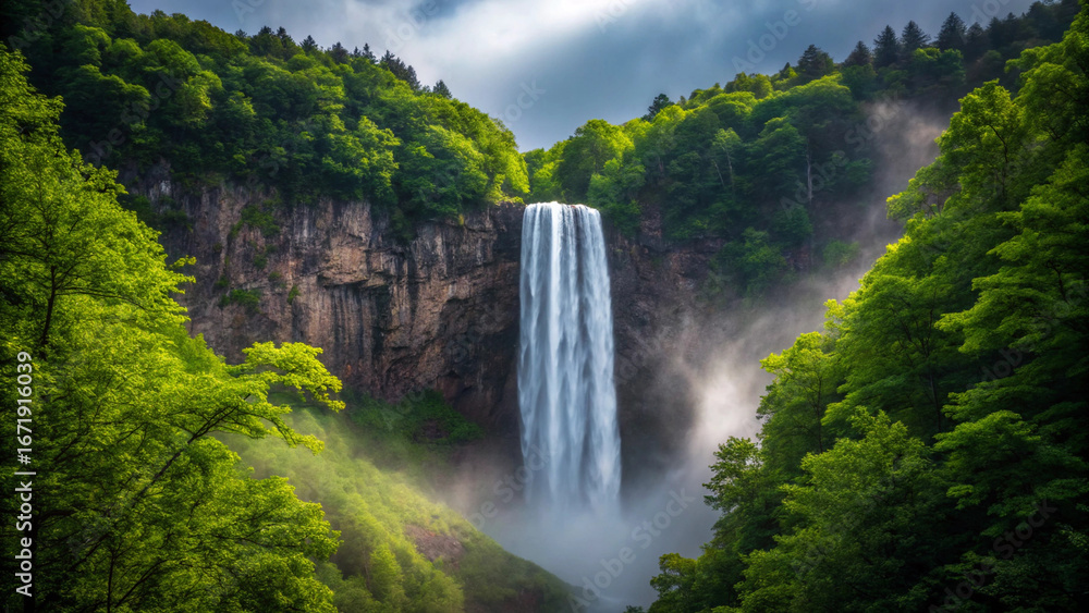 Naklejka premium Majestic Waterfall Cascades Down a Mossy Cliff Surrounded by Lush Green Forest nature landscape