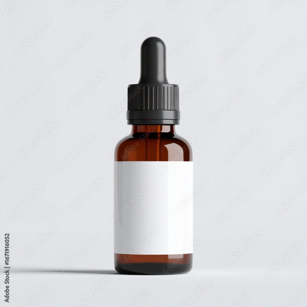 Fototapeta premium Amber Glass Bottle with Black Dropper and White Label on a Neutral Background
