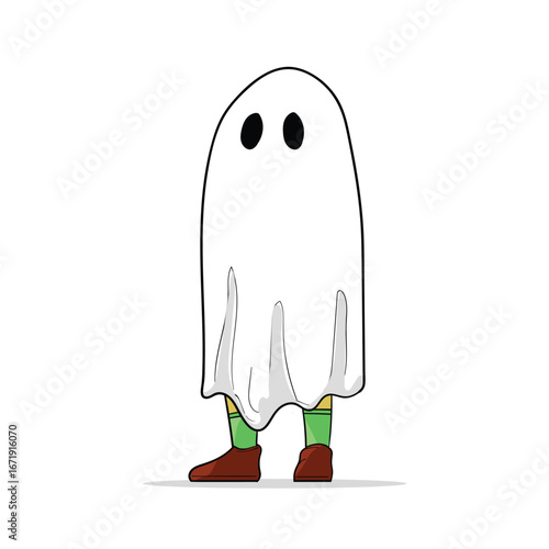 Cartoon illustration of ghost costume cosplay with white sheet for Halloween party