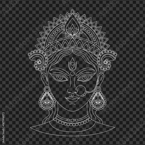 Vector isolated goddess Durga face in line art