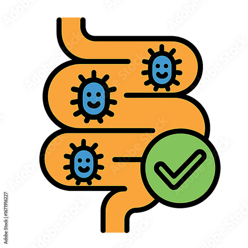 Illustration of healthy gut with friendly bacteria icon and check mark Healthy Gut Bacteria