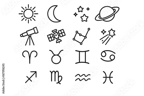 Astronomy and astrology outline icon set. Celestial symbols collection with zodiac signs for horoscope. Vector line art for space, cosmic elements, planet, sun, moon.