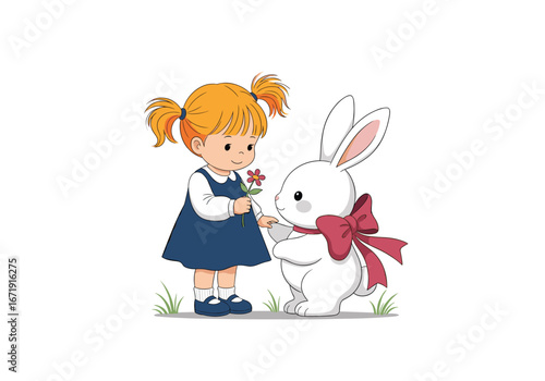 A kind young girl gently offers a delicate flower to a fluffy white rabbit wearing a red ribbon bow