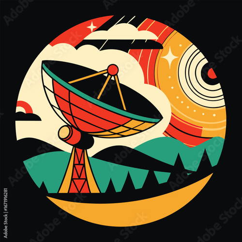 Retro Radio Telescope and Celestial Body Vector Illustration For Science T-shirt Design