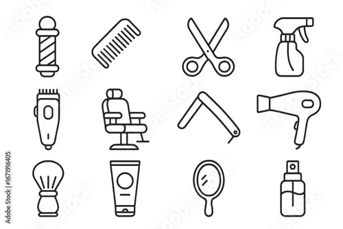Barber and hairdressing line icon set. Salon tools, equipment symbols in outline style. Vector illustration for barbershop, beauty, hairstyling, haircut, grooming.