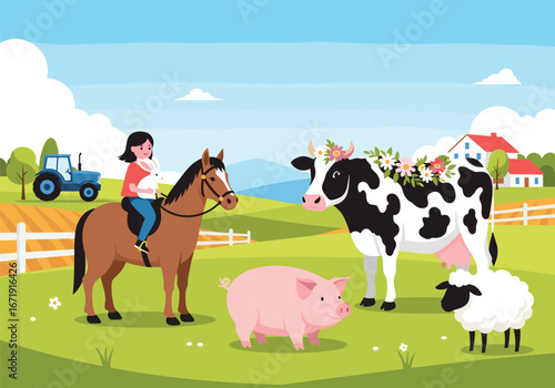 A young farmer girl rides a horse on a sunny day at the farm interacting with animals