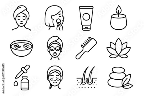 Beauty and self-care line icon set. Spa, skin, and hair wellness collection. Vector linear icons for cosmetics, massage, relaxation, face treatment and aromatherapy.