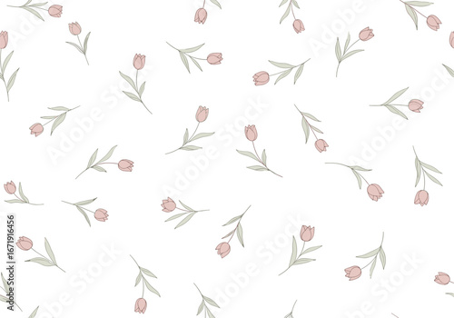 Delicate ditsy floral pattern with tiny pastel pink tulips and green stems
