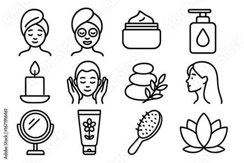 Beauty and self-care line icon set. Spa, skin, and hair wellness collection. Vector linear art of face mask, cream, lotion, spa stones, candle, and lotus for cosmetology.