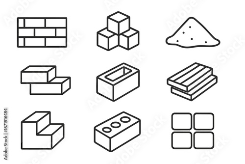 Building materials line icon set. Construction industry symbols. Bricks, concrete blocks, cement, sand, wood planks vector collection. Outline pictogram for web design.