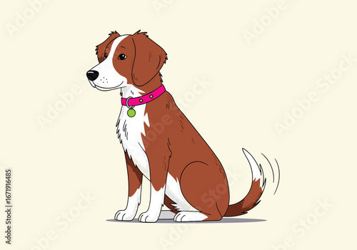 Charming border collie mix dog sitting patiently wearing a pink collar with a green tag