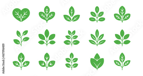 Set of 15 green leaf icons with varied shapes and vein details, ideal for eco branding, nature themes, sustainability, and botanical design