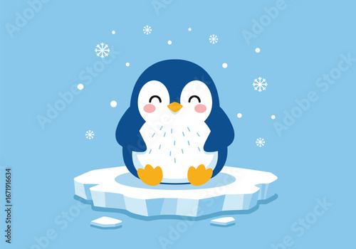 Adorable cartoon penguin enjoying a snowy day on an ice floe