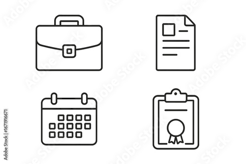 Business linear icon set. Briefcase, document, calendar, certificate icons. Office work, career, and employment concepts. Portfolio, resume, schedule, award symbols.