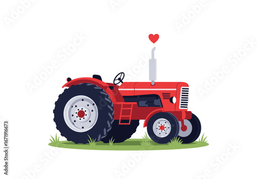Charming red vintage tractor illustration with heart above exhaust pipe