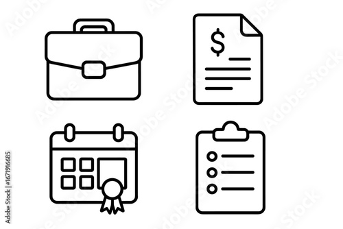 Business and office linear icon set. Essential corporate work symbols for web and app design. Briefcase, financial document, certified calendar date, and task list clipboard.