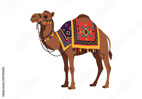 Decorated arabian camel with traditional saddle and bridle illustration