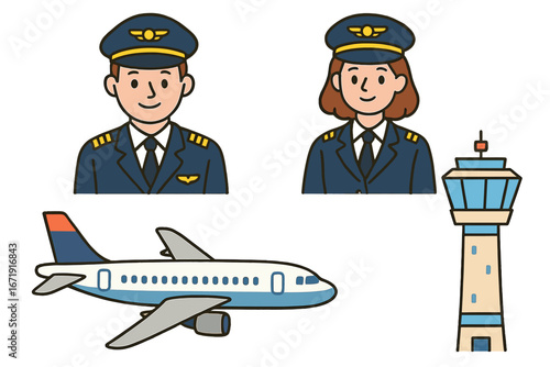Air travel vector elements set. Male and female pilot characters, commercial airplane, airport control tower. Aviation crew and transport concept. Flat cartoon illustration.