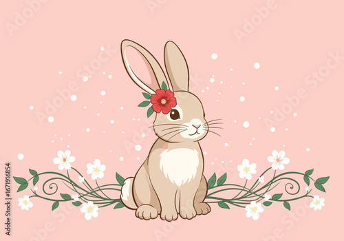 Adorable easter bunny wearing flowers sitting amongst spring blossoms delicate celebration
