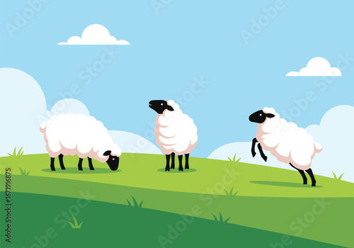 Three fluffy sheep grazing and leaping in a lush green field under a bright blue sky with fluffy white clouds