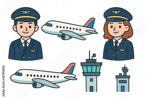Aviation vector icon set. Air travel elements with male and female pilot, airplane, and airport control tower. Airline crew captain cartoon character illustration collection.