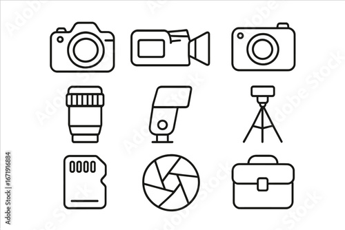 Camera equipment outline icon set. Photography and video gear symbols collection. Vector line art of dslr, lens, flash, tripod, memory card, aperture, bag, and camcorder.