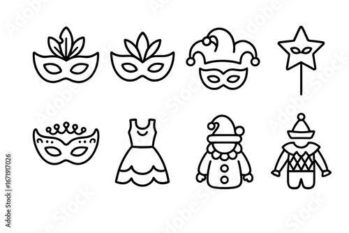 Carnival mask and costume outline icon set. Vector symbols for festive events, masquerade parties, and celebrations. Jester, clown, and princess dress cartoon graphics.