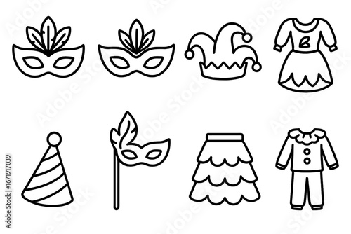 Carnival costume and mask outline icon set. Vector collection for festive events, parties, and masquerade celebrations. Jester hat, clown suit, and party dress illustrations.