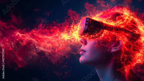 Futuristic woman wearing virtual reality headset with vibrant flames and smoke effects surrounding her