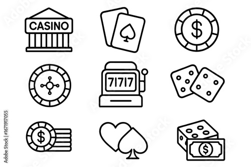 Casino gambling line icon set. Vector outline icons for vegas, betting, slot machine, poker, cards, chips, roulette, dice, and jackpot. Game and entertainment concept graphic.