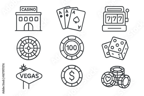 Casino and gambling line icon set. Vector outline illustration of slot machine, poker cards, roulette, dice, and chips. Las Vegas entertainment, betting, and money concept.