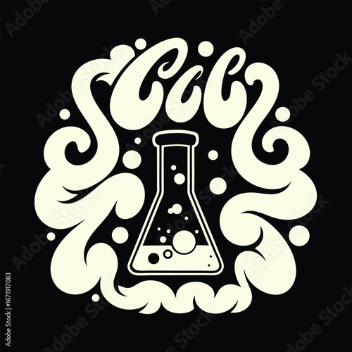Whimsical Science Beaker Design with Retro Lettering and Bubble Accents on Black Background