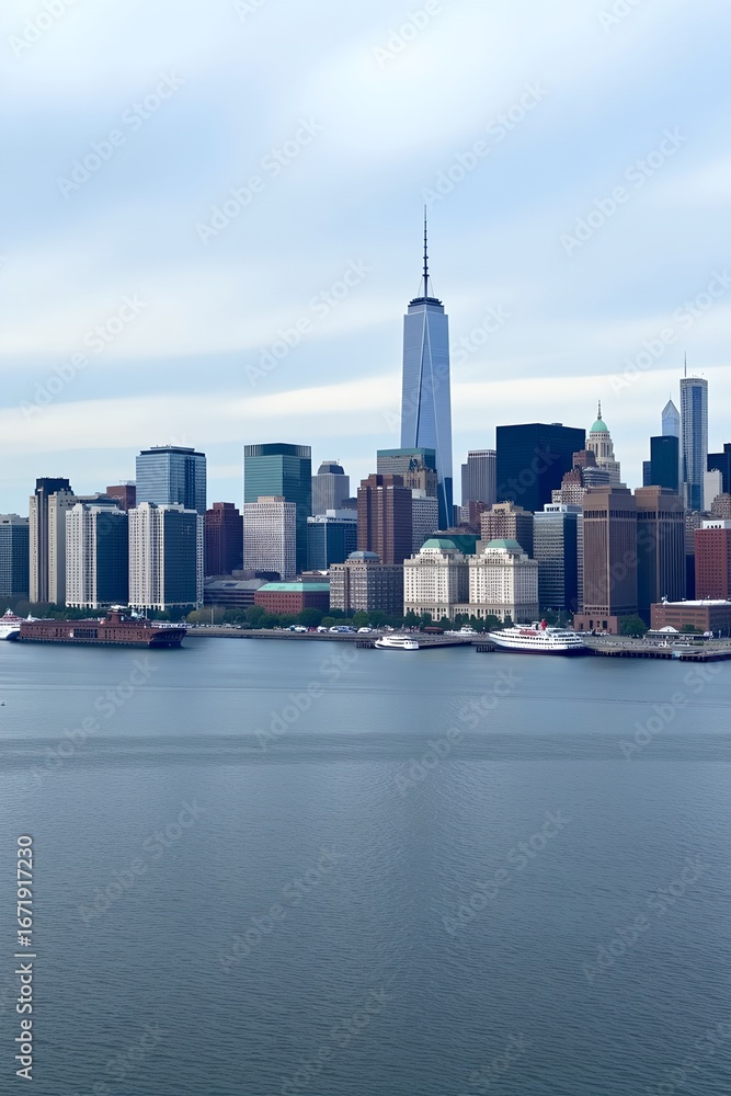 Obraz premium A captivating view of a cityscape, featuring towering buildings reflecting on the water