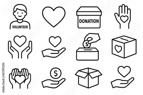 Charity and donation outline icon set. Volunteer, fundraising, help and support concept. Giving money, love and care symbols. Vector line art collection for social projects.
