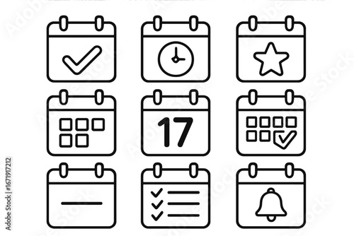 Calendar icon set. Time management and schedule symbols. Vector line icons for planner, organizer, appointment, reminder, deadline and event for UI UX web and app design.