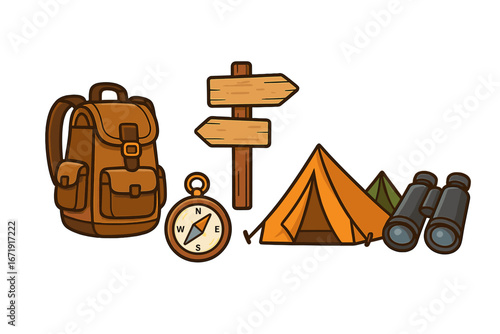 Camping and hiking essentials set. Outdoor adventure equipment with backpack, compass, tent, binoculars, and signpost. Vector cartoon travel and tourism concept illustration.