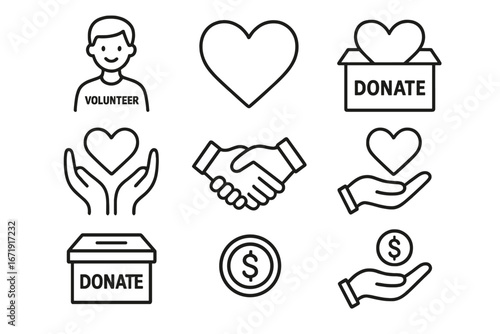 Charity and donation outline icon set. Volunteer, giving, and support symbols. Vector collection of heart, hands, money, and donation box for web, social work and community.