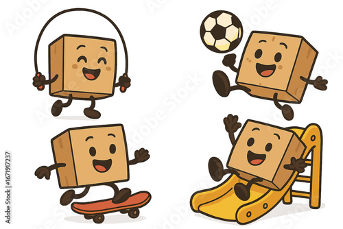 Set of cute box characters playing. Cardboard mascot playing soccer, skateboarding, sliding. Shipping and delivery concept for kids. Vector cartoon illustration collection.