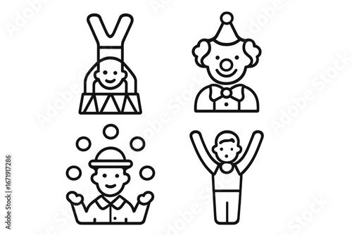Circus performer line icon set. Acrobat, clown, and juggler vector collection. Simple outline illustrations for entertainment, carnival, or festival concepts. Cartoon character.