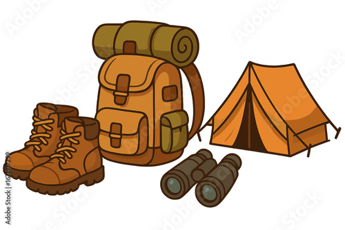 Camping gear essentials for outdoor adventure. Hiking equipment set with backpack, tent, boots, binoculars. Vector icon collection for travel, tourism, exploration, survival.