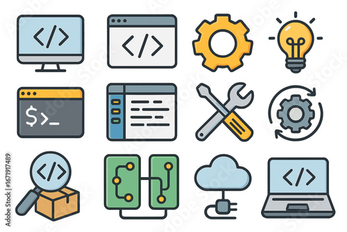 Software development icon set. Coding, programming, IT, and technology concepts. Vector icons for web design, app development, cloud computing, debugging, process, and tools.