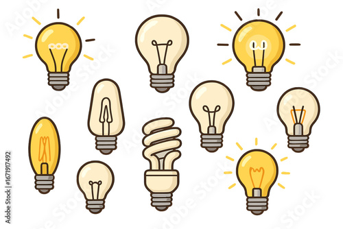 Vector light bulb icon set. Idea, solution, innovation, and creativity concept. Collection of various electric lamps, glowing and turned off. Cartoon flat illustration.