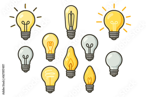 Light bulb vector icon set. Cartoon illustrations of glowing electric lamps. Concept of idea, creativity, innovation, inspiration, thinking, energy, power and solution.