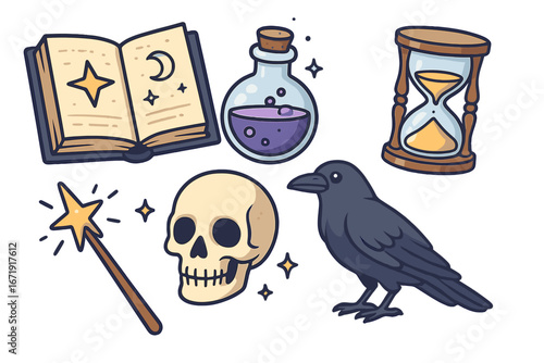 Set of magic items for witchcraft and sorcery. Mystical collection with spellbook, potion, skull, raven, and wand. Occult alchemy symbols for fantasy wizard. Vector cartoon.