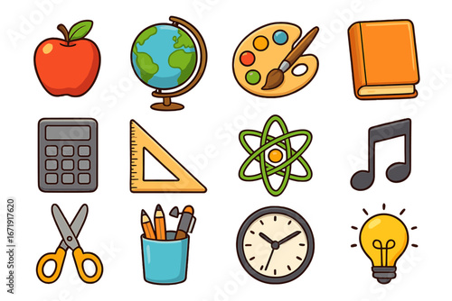 Education icons set for school subjects. Vector collection of learning symbols: science, art, math, music, geography. Back to school cartoon clipart for graphic design.