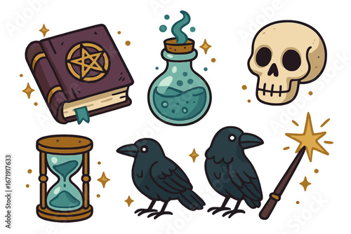 Magic and witchcraft symbol collection. Cartoon vector set with spellbook, potion, skull, hourglass, raven, and wand. Occult esoteric alchemy icons for Halloween. Mystical fantasy.