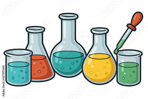 Science lab chemistry glassware collection. Vector set of flasks, beakers, pipettes with liquid. Chemical research equipment for scientific experiment, medical test, or school.