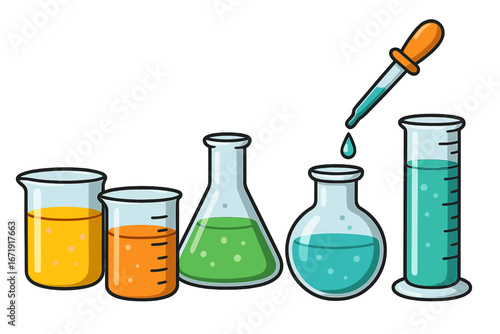 Cartoon vector collection of laboratory glassware. Beakers, flasks, and pipette for scientific experiments. Chemistry research and medical analysis with chemical liquid concept.
